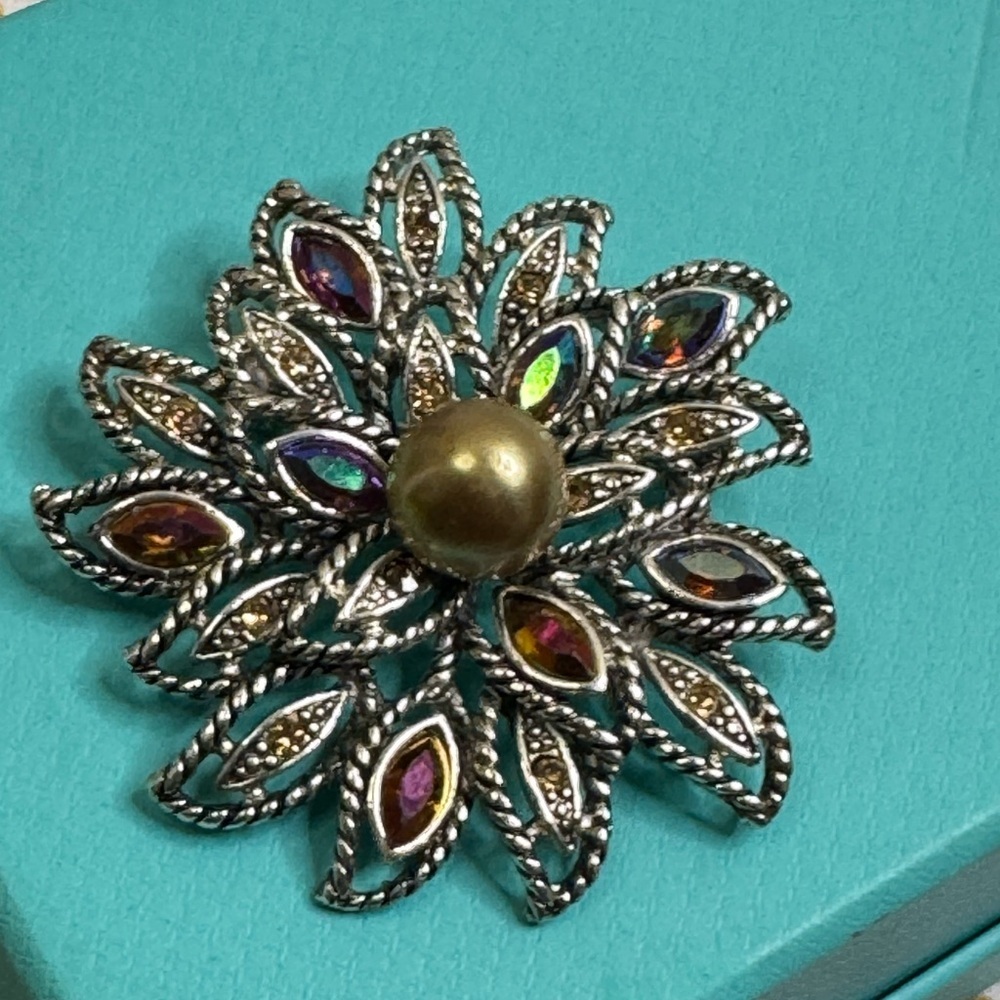 Multicolor Stones Silver and Gold Floral Brooch